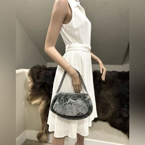 Gray Gradient Handmade Real Shearling Rose Embossed Shoulder Bag/Crossbody Bag - Picture 3 of 16